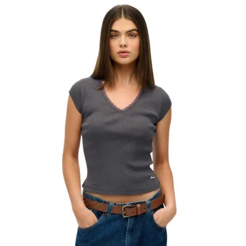 슈퍼드라이 에센셜 Lace 반팔 V넥 티셔츠 141962223